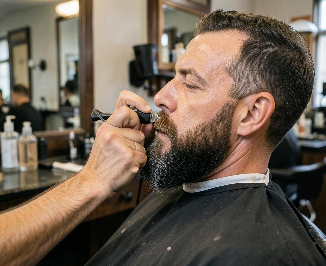 Barber carefully shaping a client's full beard