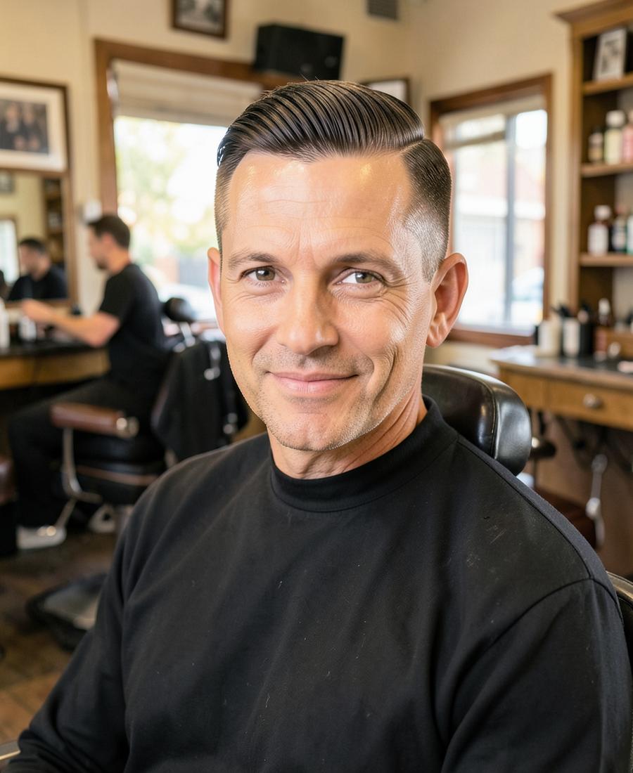 Finished classic side-part haircut in the barber chair