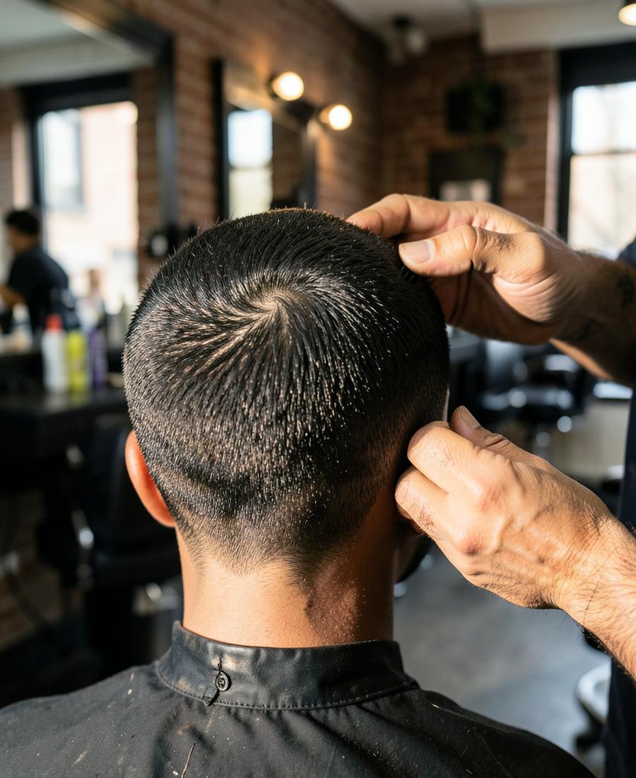 Barber finishing the texture on a short modern cut