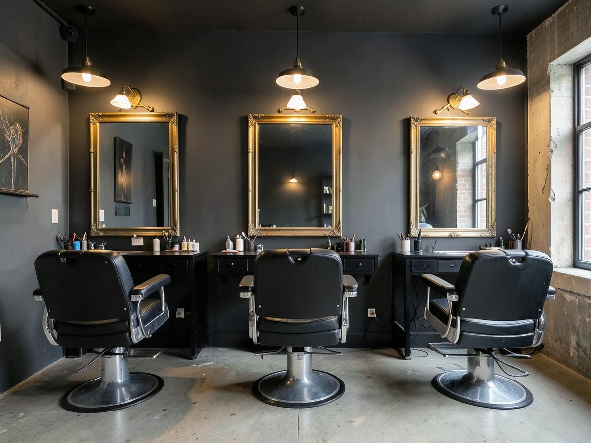 Warm charcoal barbershop interior with three chairs and brass mirrors